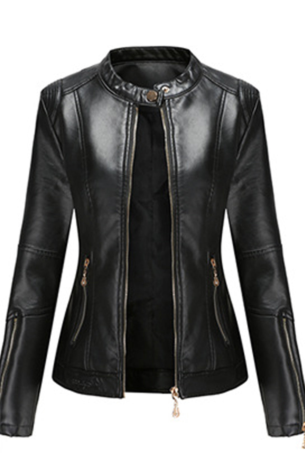 Women Elegant Solid Colored Style Long Sleeve Collar Neck Leather Jacket