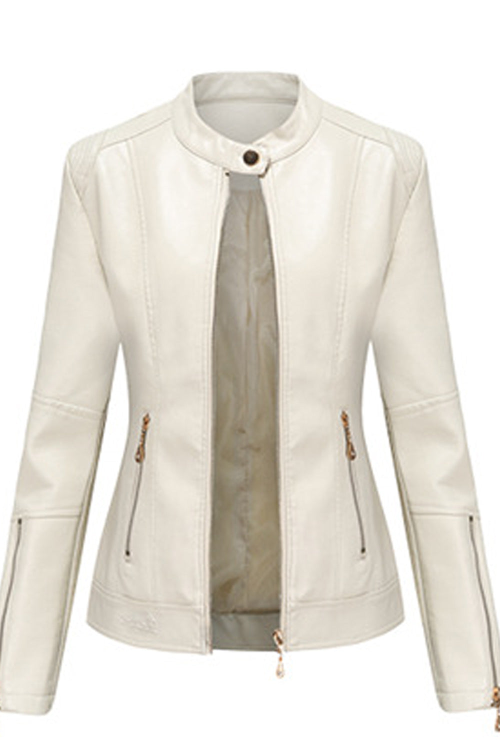 Women Elegant Solid Colored Style Long Sleeve Collar Neck Leather Jacket