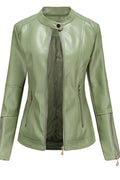 Women Elegant Solid Colored Style Long Sleeve Collar Neck Leather Jacket