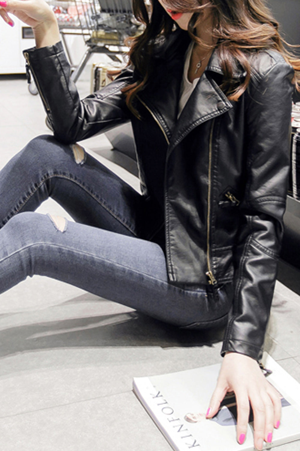 Women Warm Long Sleeve Smooth Warm Casual Winter Leather Jacket