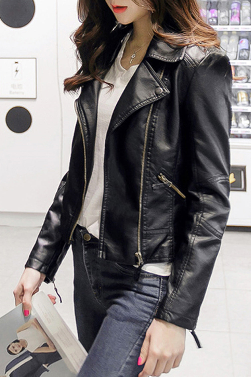 Women Warm Long Sleeve Smooth Warm Casual Winter Leather Jacket