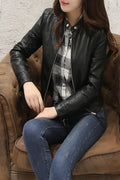 Women Comfy Long Sleeve Slim Fit Style Elegant Solid Colored Leather Jacket