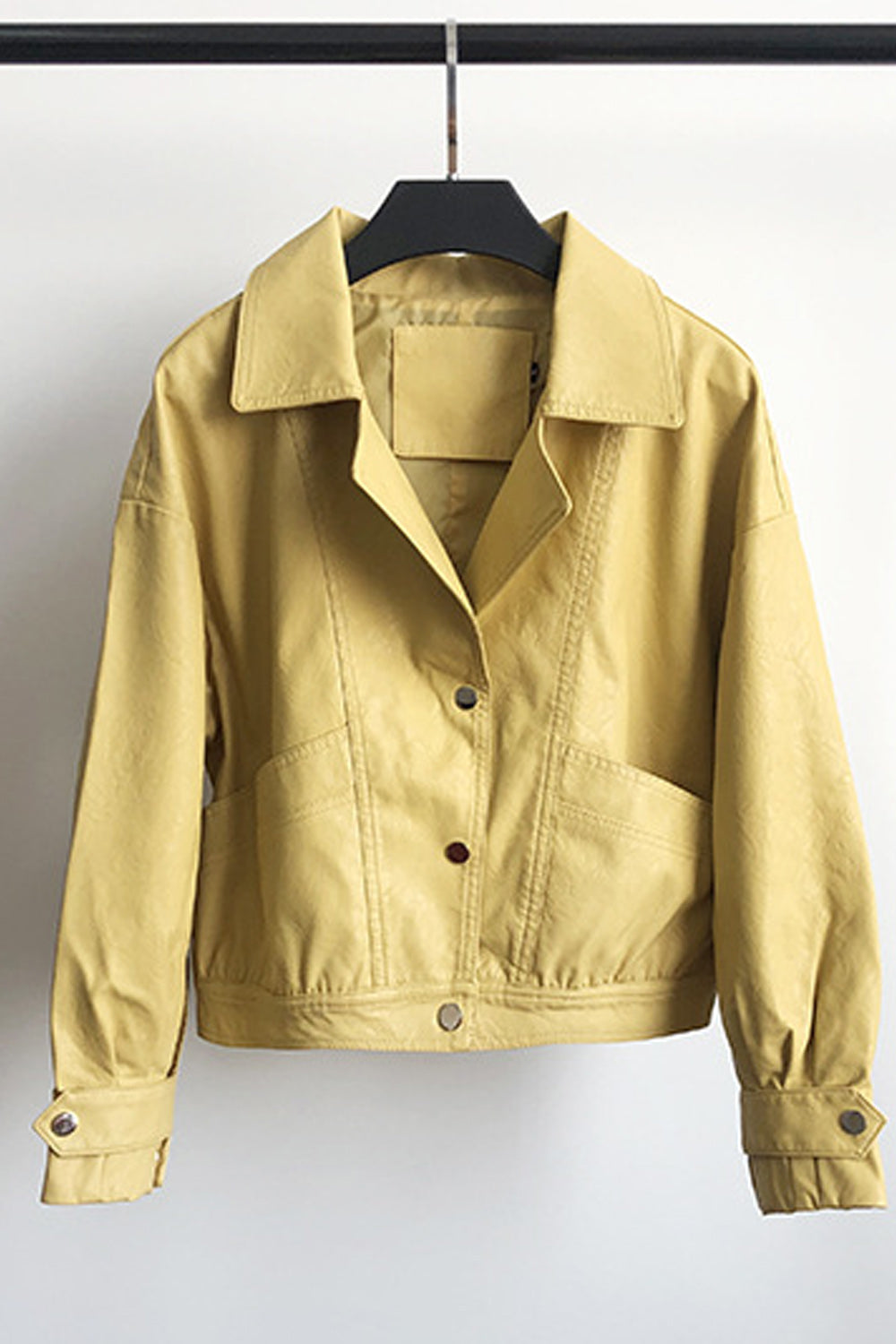 Women Long Sleeve Button Down Closure Collar Neck Warm Leather Jacket