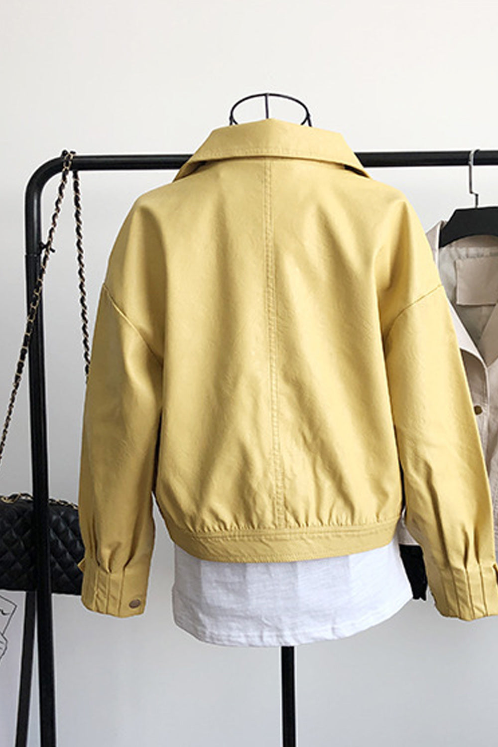 Women Long Sleeve Button Down Closure Collar Neck Warm Leather Jacket