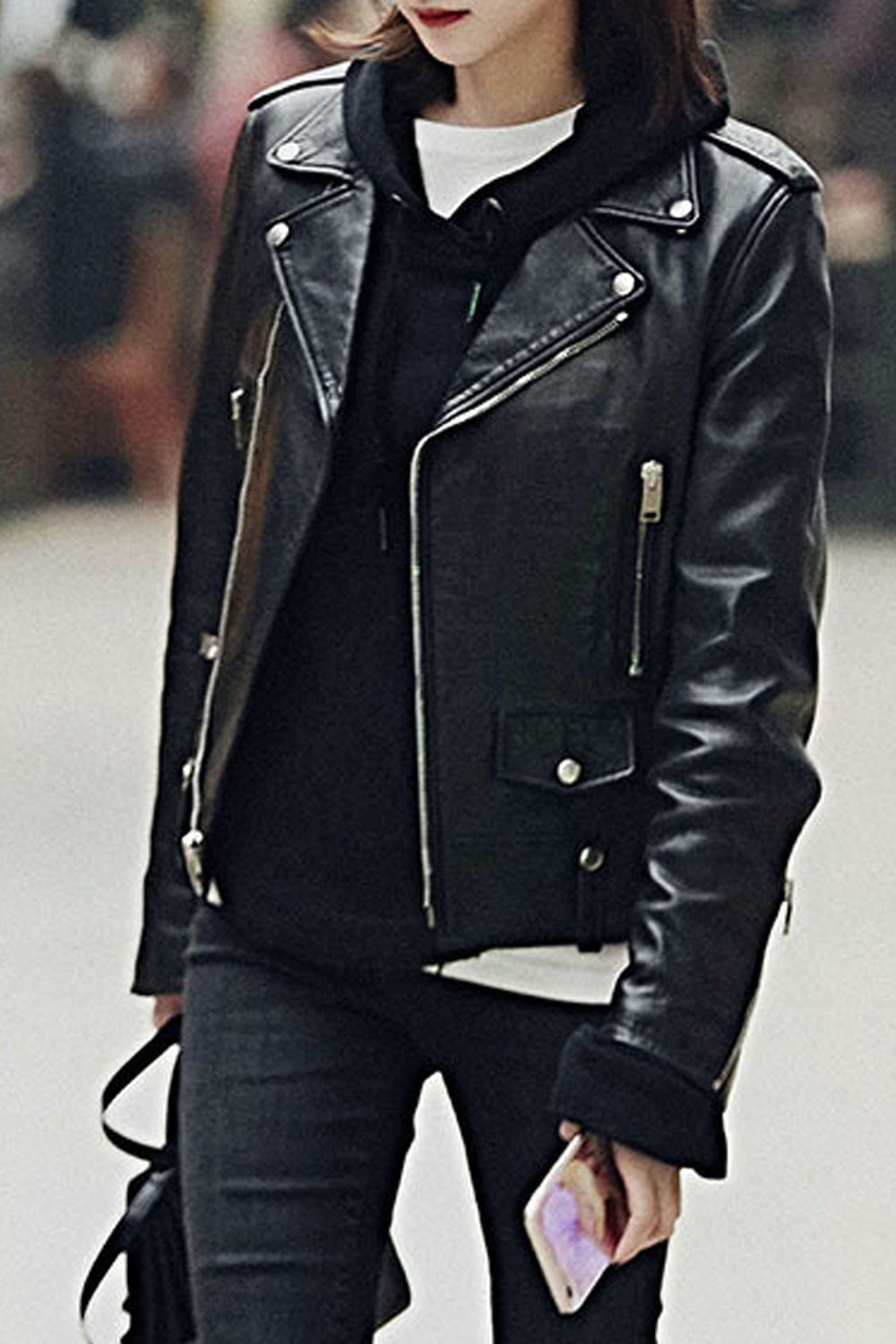 Women Slim Fit Long Sleeve Collar Neck Fashionable Warm Leather Jacket