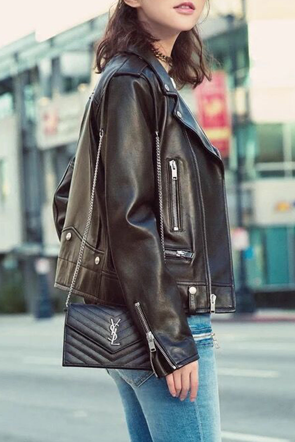 Women Slim Fit Long Sleeve Collar Neck Fashionable Warm Leather Jacket
