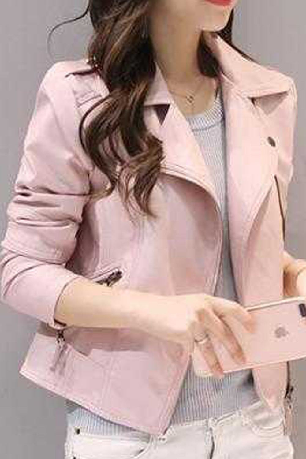 Women Fashionable Long Sleeve Elegant Collar Neck Leather Jacket