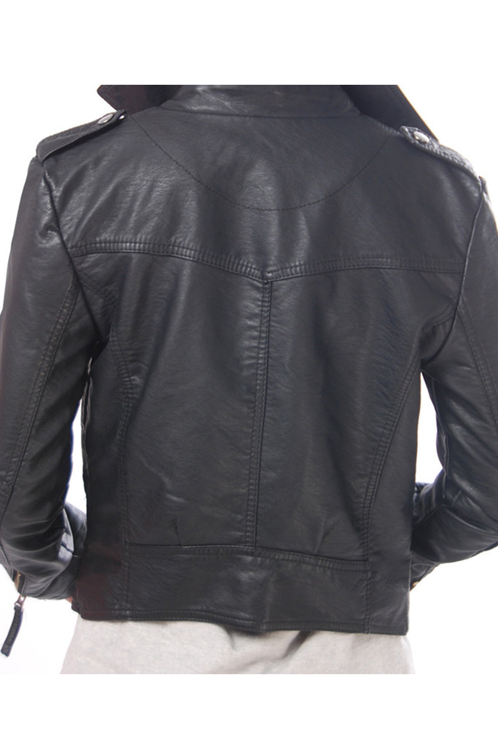 Women Fashionable Long Sleeve Elegant Collar Neck Leather Jacket