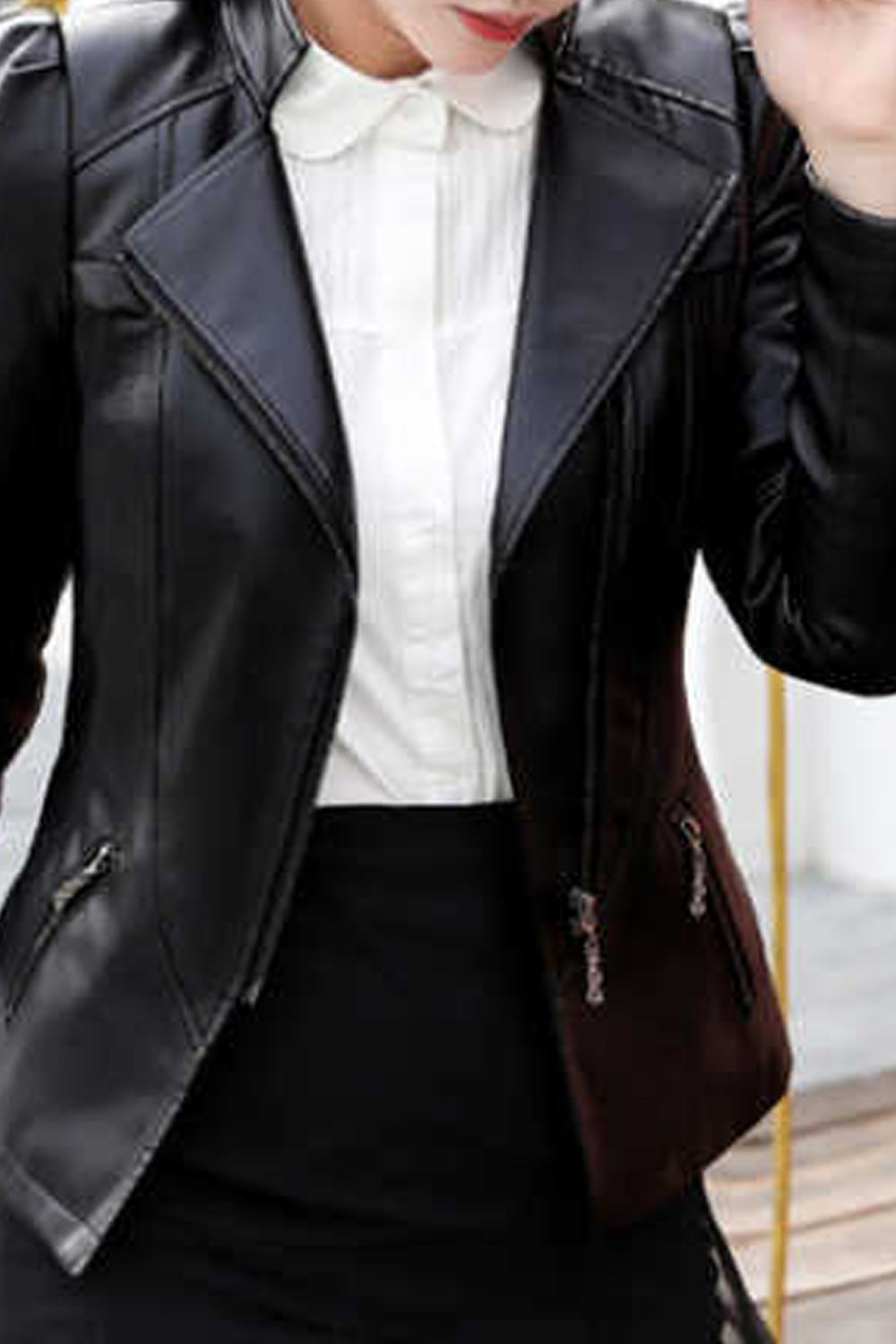 Women Collar Neck Fashionable Long Sleeve Breathable Leather Jacket