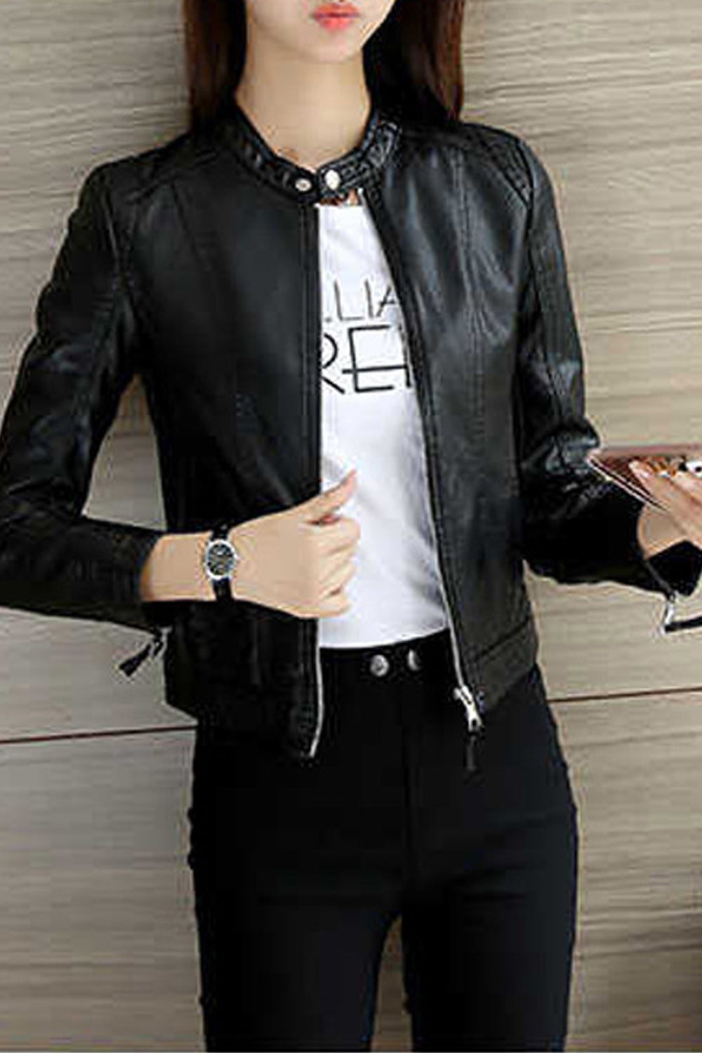 Women Collar Neck Long Sleeve Slim Fit Comfortable Leather Jacket