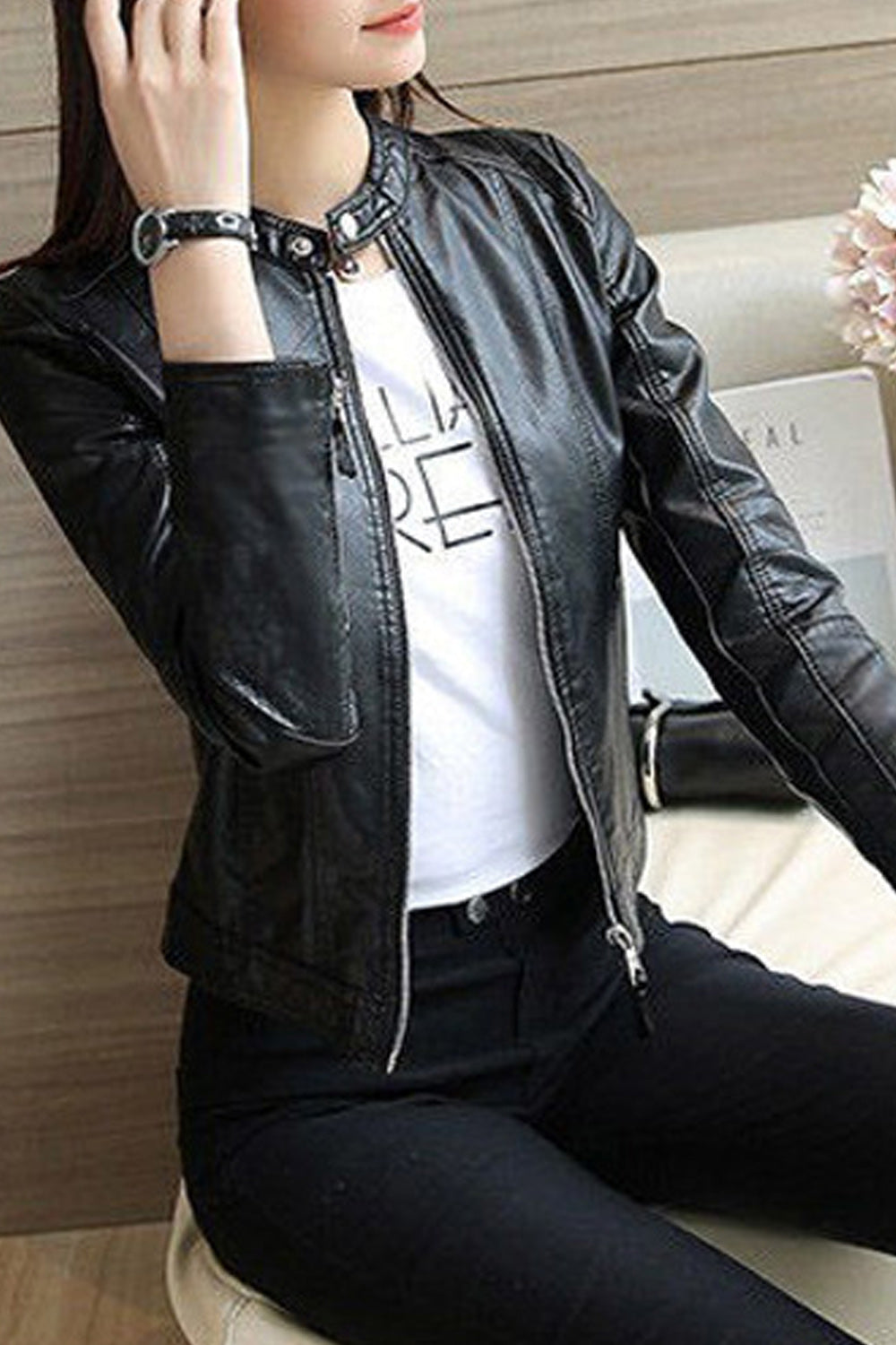 Women Collar Neck Long Sleeve Slim Fit Comfortable Leather Jacket