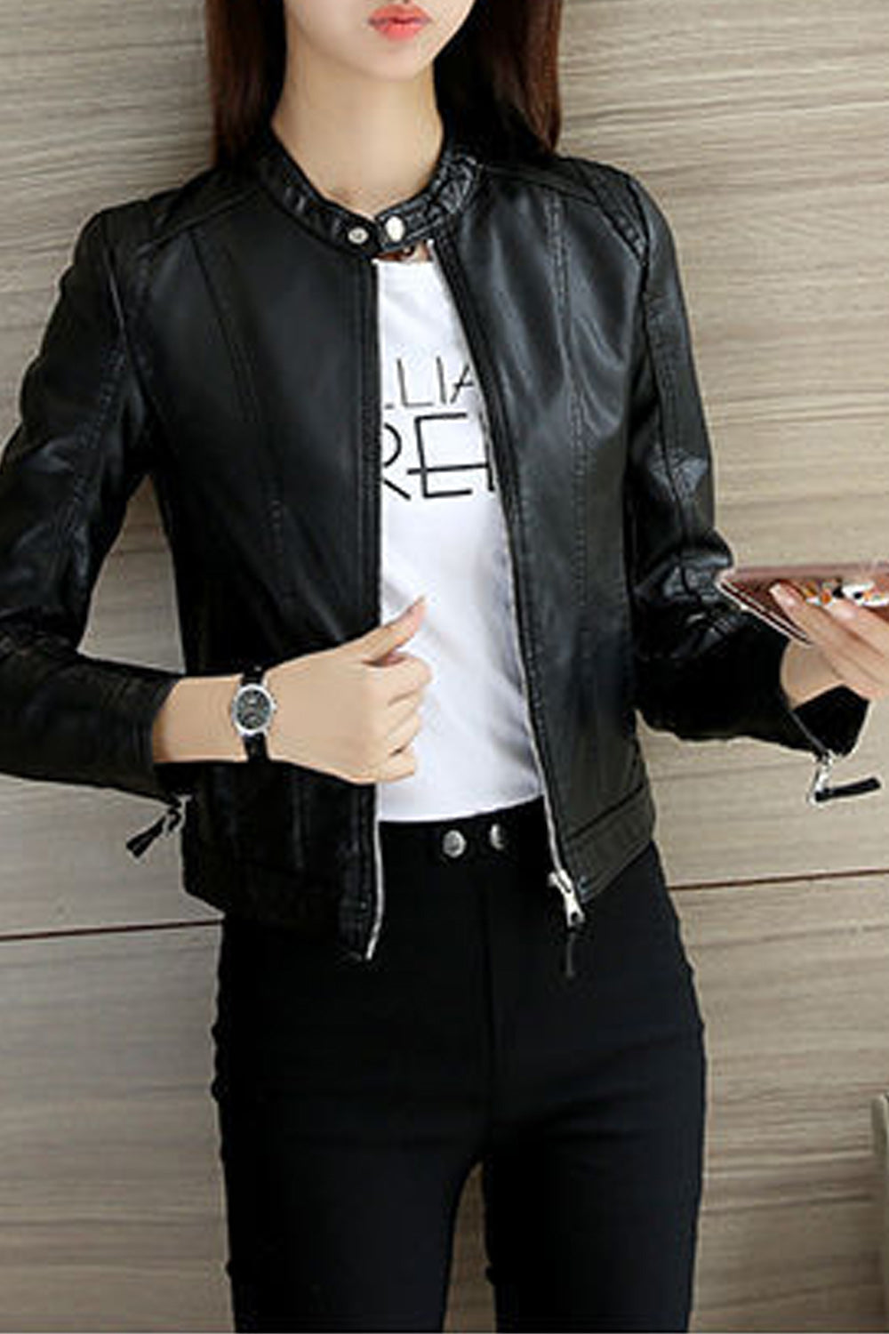 Women Collar Neck Long Sleeve Slim Fit Comfortable Leather Jacket