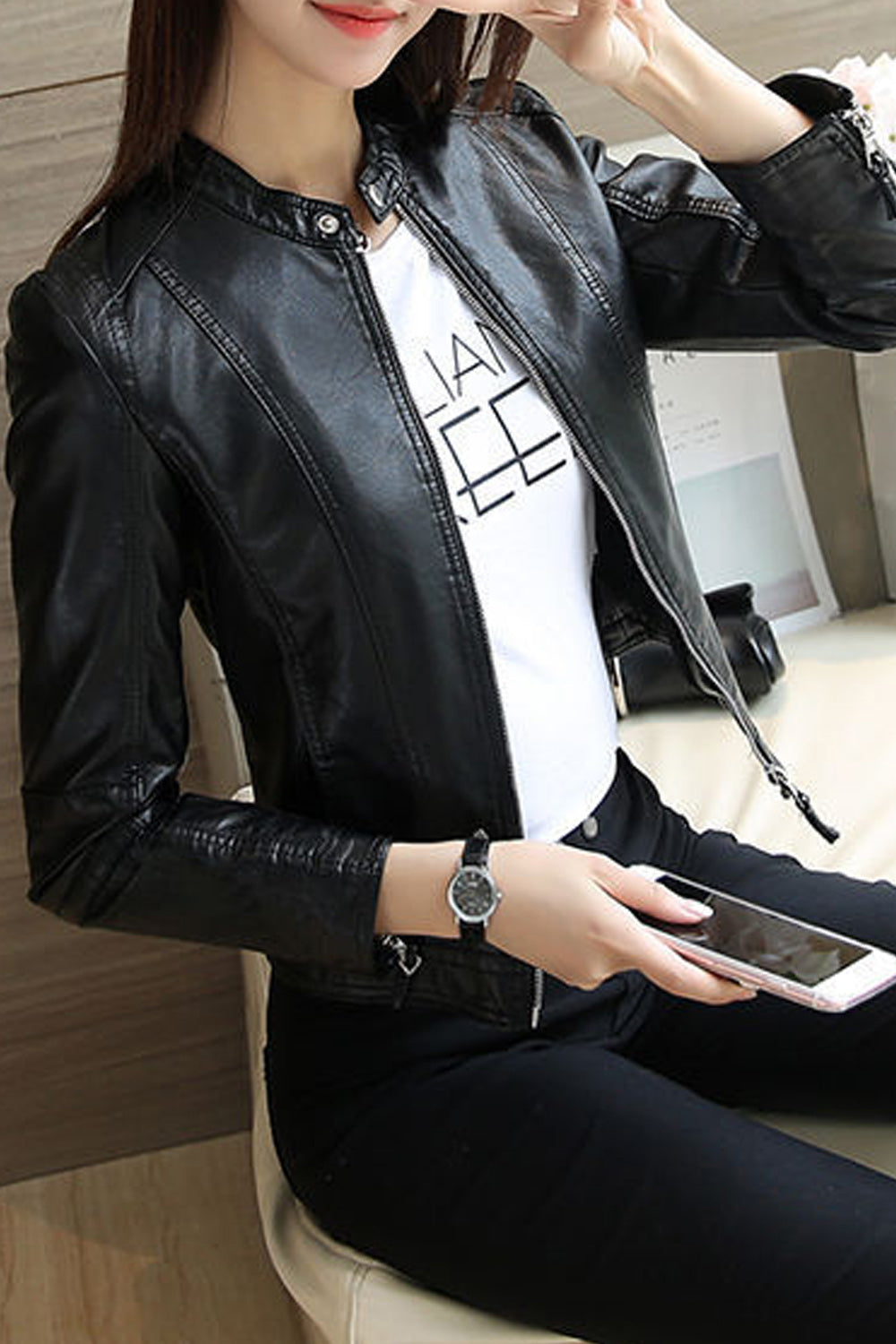 Women Collar Neck Long Sleeve Slim Fit Comfortable Leather Jacket