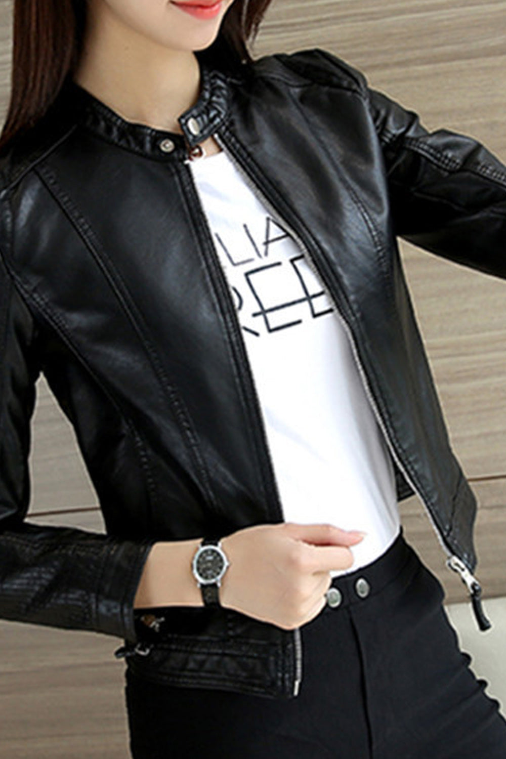 Women Collar Neck Long Sleeve Slim Fit Comfortable Leather Jacket