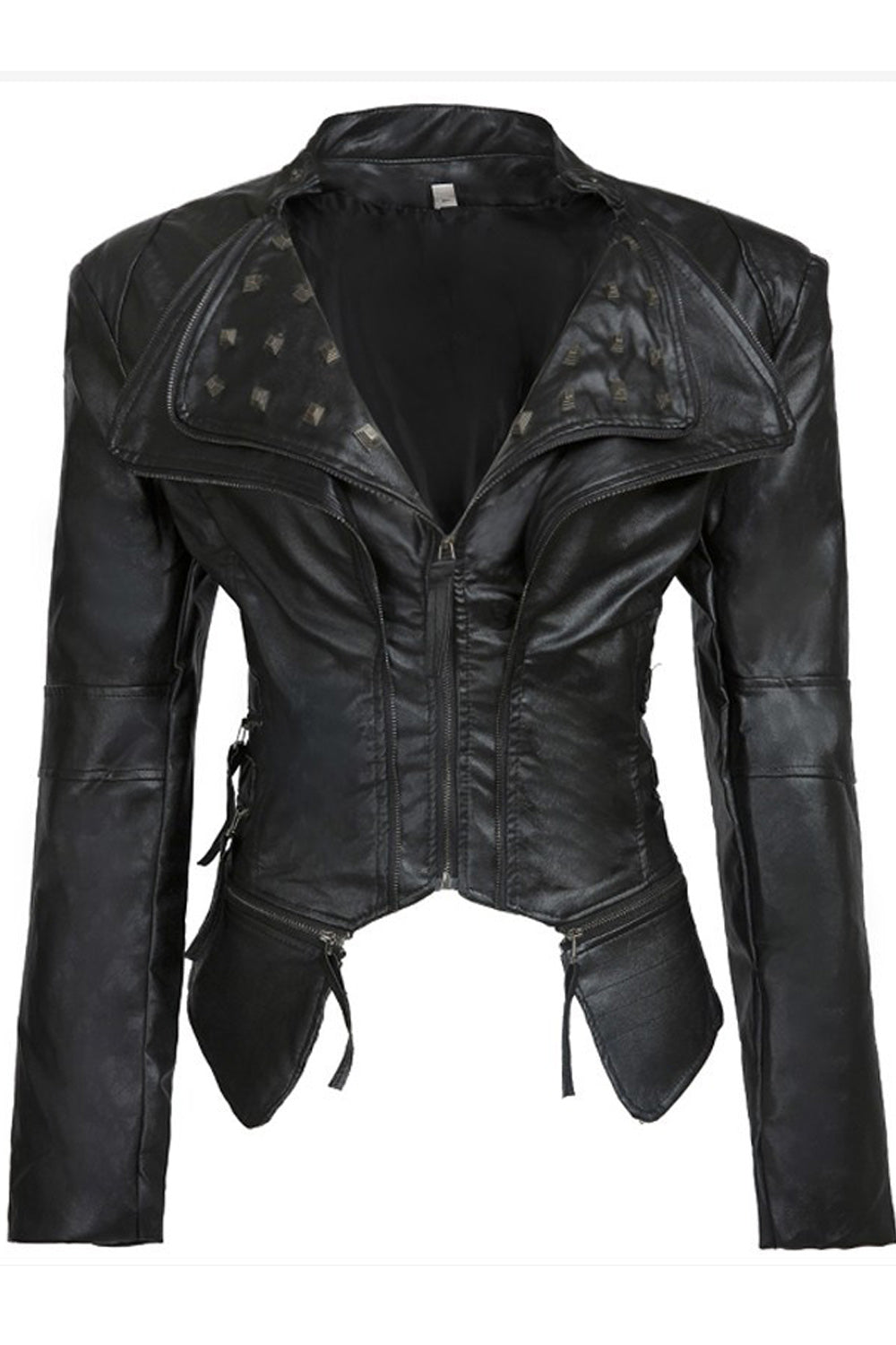Women Slim Fit Long Sleeve Collar Neck Zipper Closure Leather Jacket