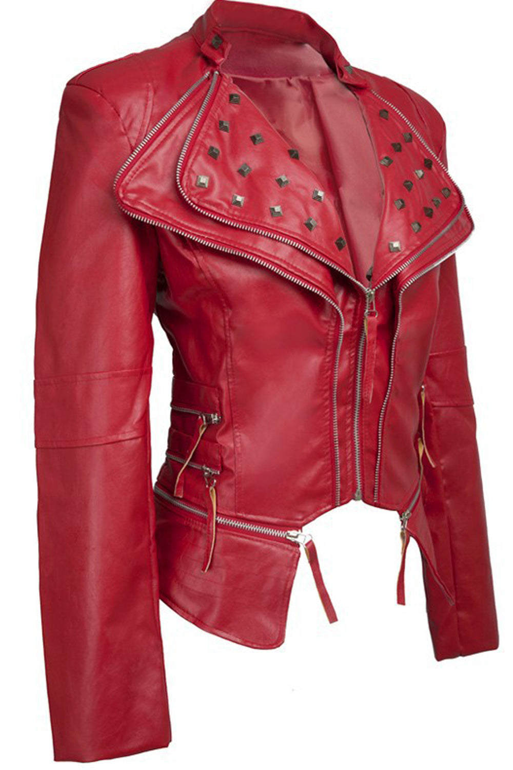 Women Slim Fit Long Sleeve Collar Neck Zipper Closure Leather Jacket