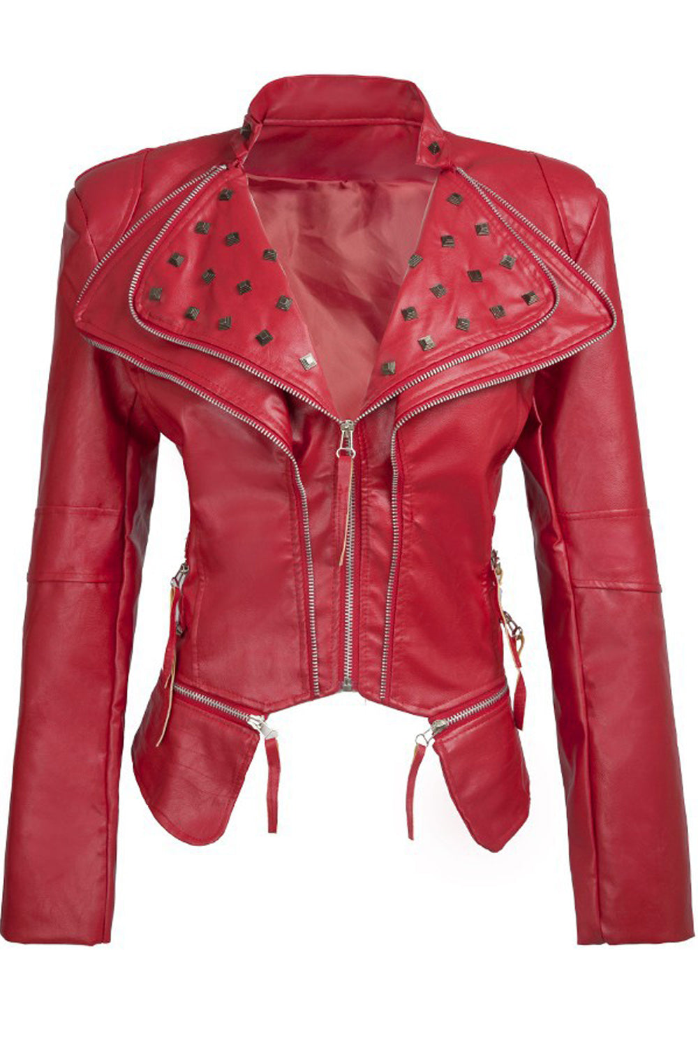 Women Slim Fit Long Sleeve Collar Neck Zipper Closure Leather Jacket