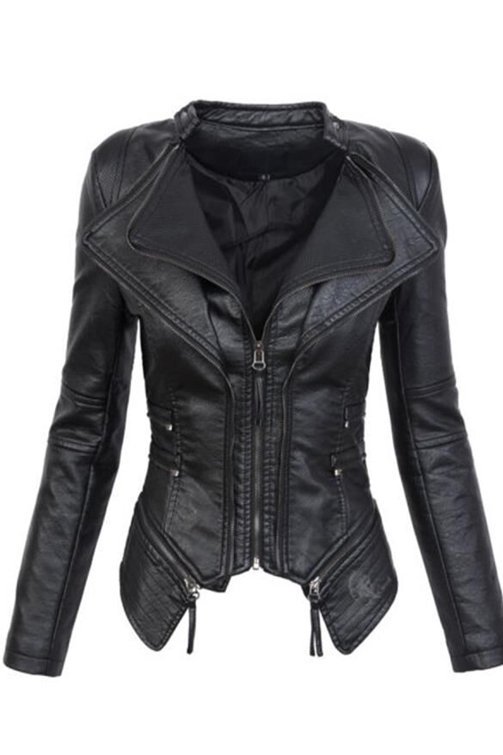 Women Small Collar Neck Printed Style Long Sleeve Fashionable Leather Jacket