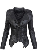 Women Small Collar Neck Printed Style Long Sleeve Fashionable Leather Jacket