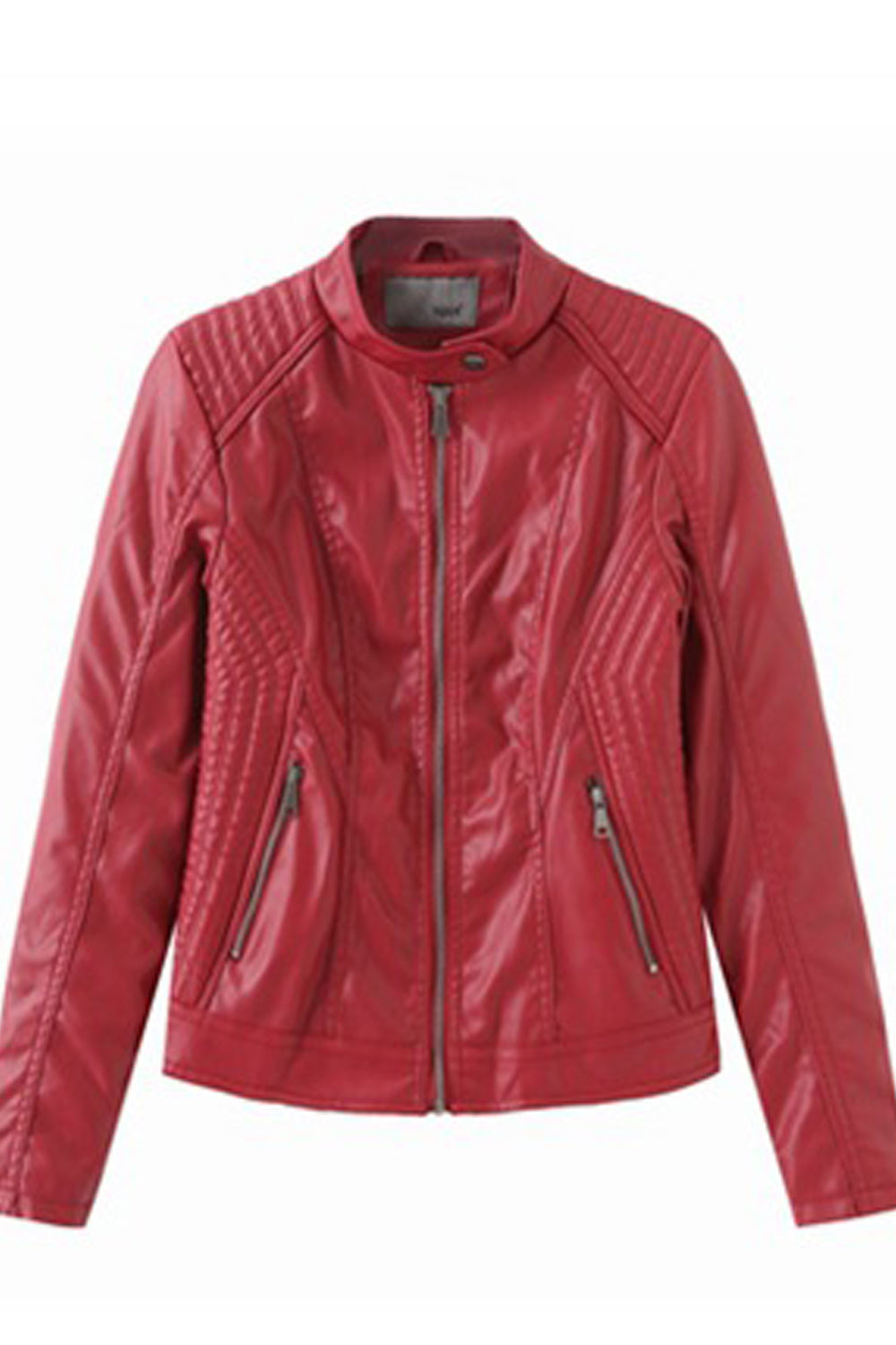 Women Long Sleeve Zipper Closure Collar Neck Style Warm Leather Jacket