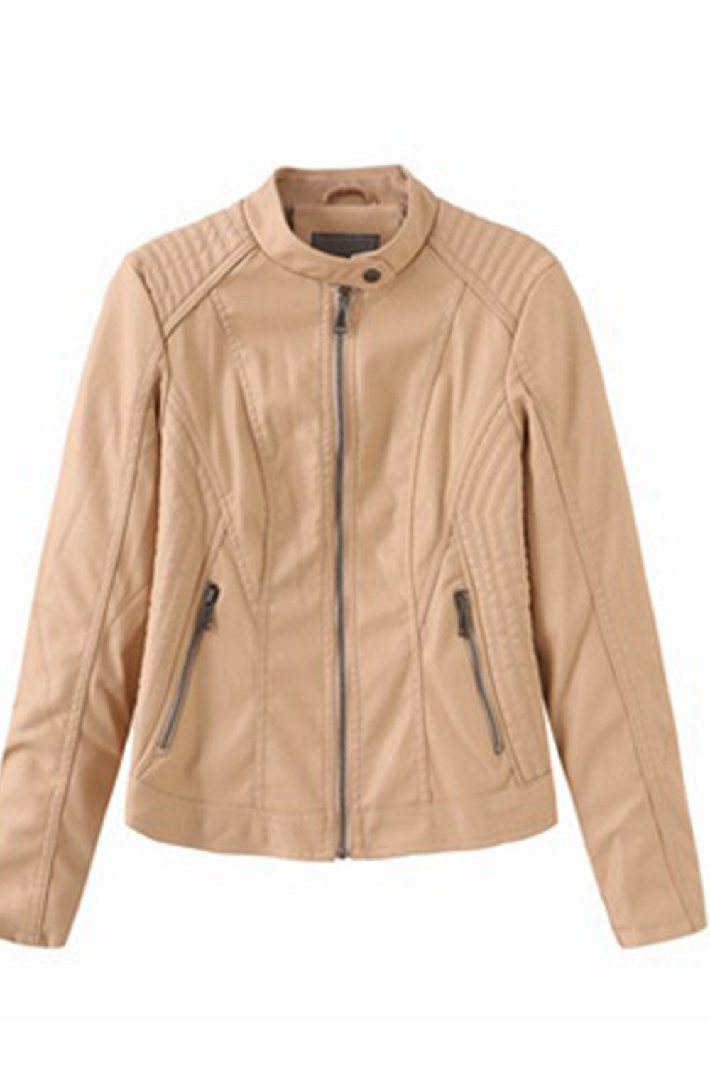 Women Long Sleeve Zipper Closure Collar Neck Style Warm Leather Jacket