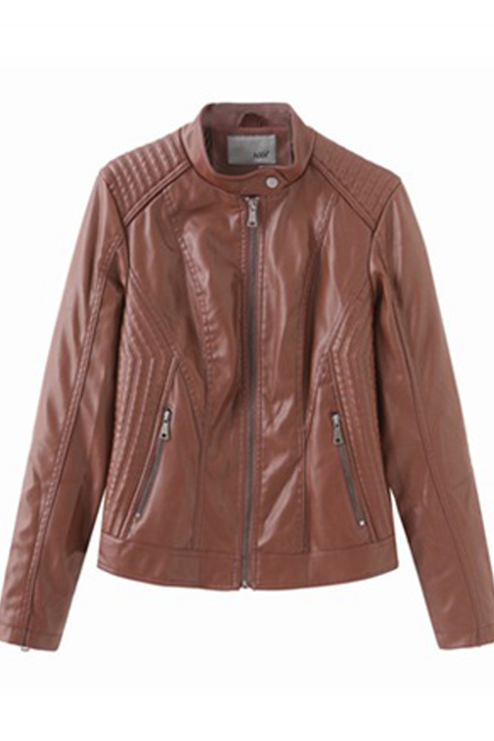 Women Long Sleeve Zipper Closure Collar Neck Style Warm Leather Jacket