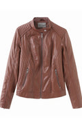Women Long Sleeve Zipper Closure Collar Neck Style Warm Leather Jacket
