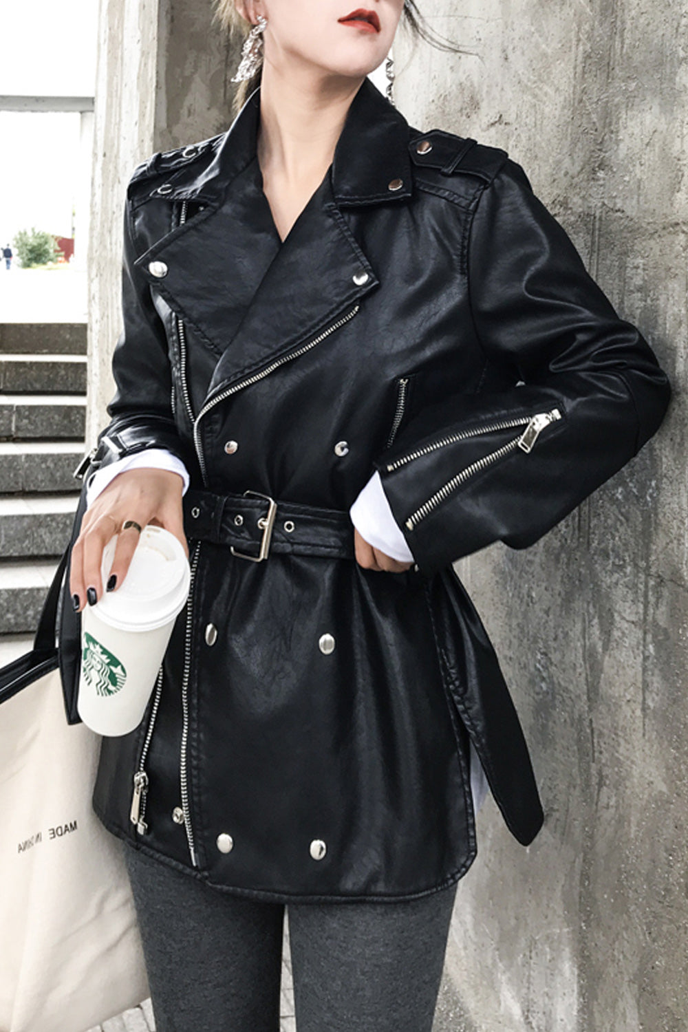 Women Charming Belt Waist Long Sleeve Collar Neck Leather Jacket