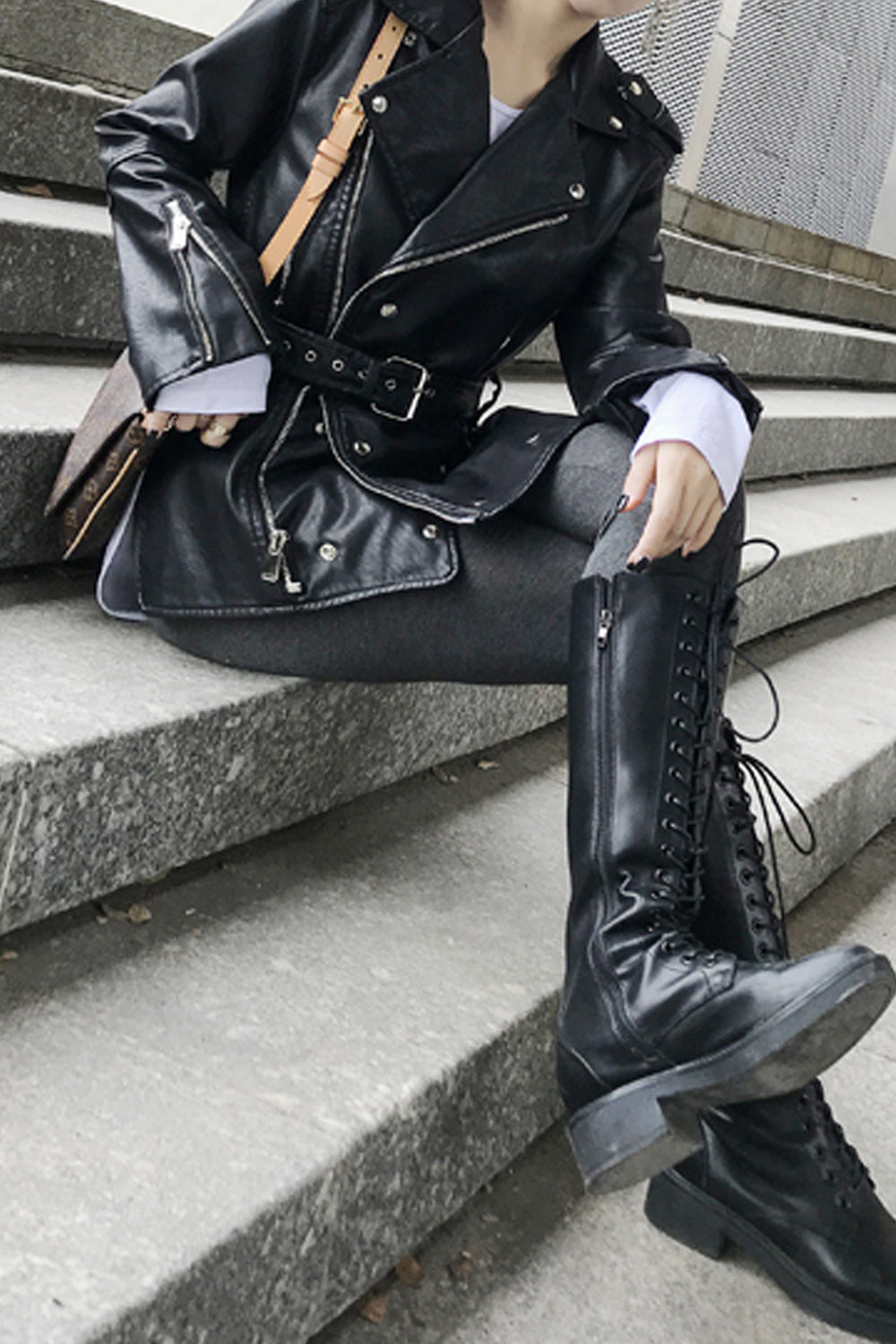 Women Charming Belt Waist Long Sleeve Collar Neck Leather Jacket