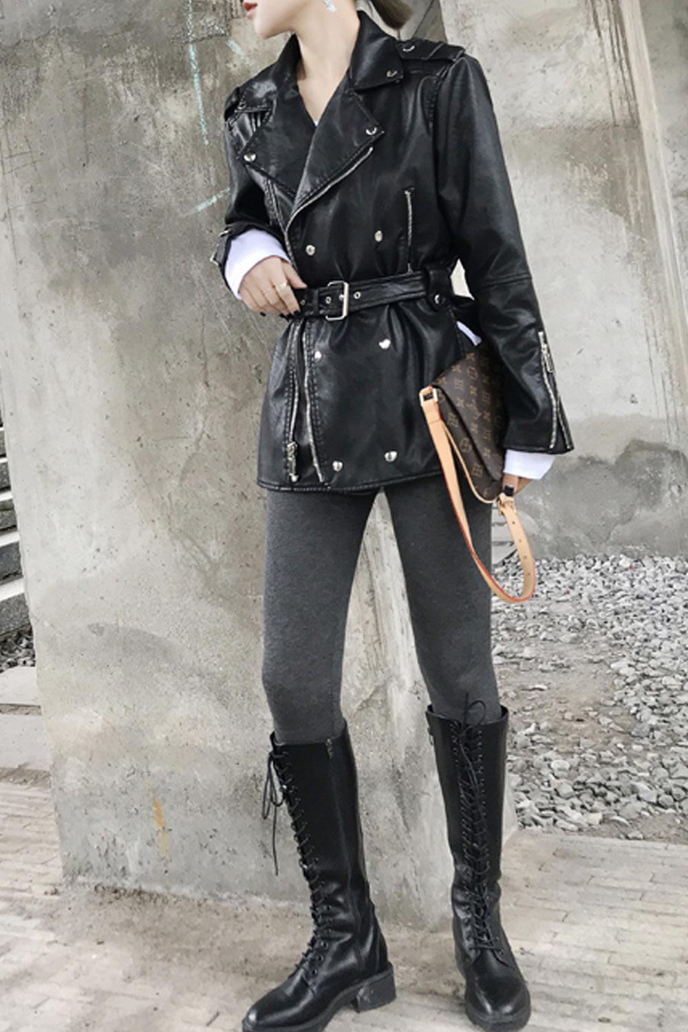 Women Charming Belt Waist Long Sleeve Collar Neck Leather Jacket