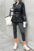 Women Charming Belt Waist Long Sleeve Collar Neck Leather Jacket