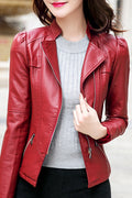 Women Long Sleeve Zipper Pockets Trendy Stand Collar Leather Jacket