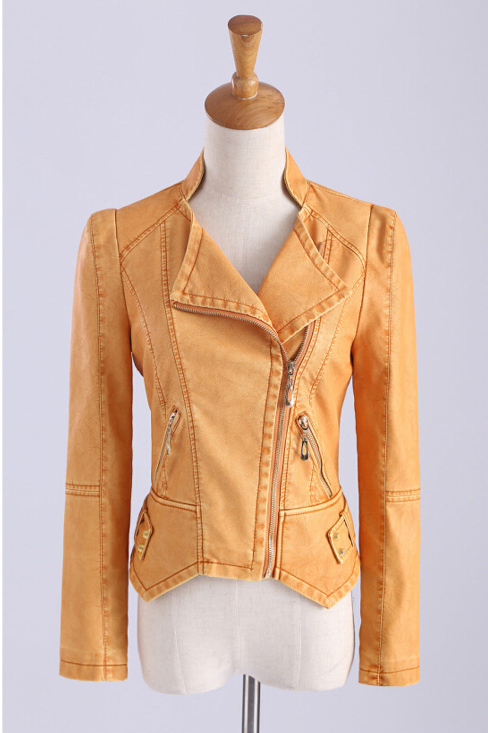 Women Stand Collar Long Sleeve Zipper Style Lovely Leather Jacket