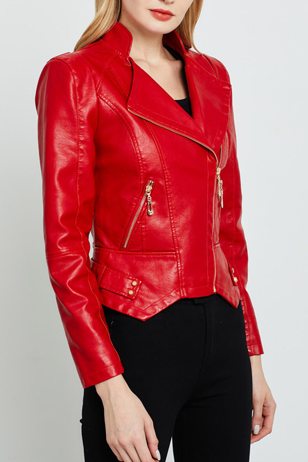 Women Stand Collar Long Sleeve Zipper Style Lovely Leather Jacket