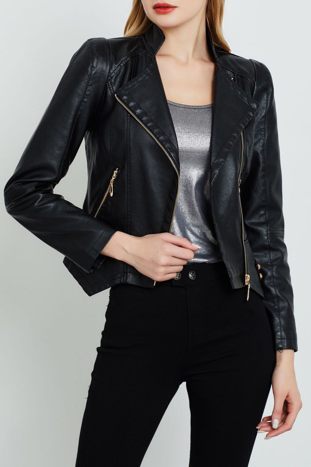 Women Stand Collar Long Sleeve Zipper Style Lovely Leather Jacket