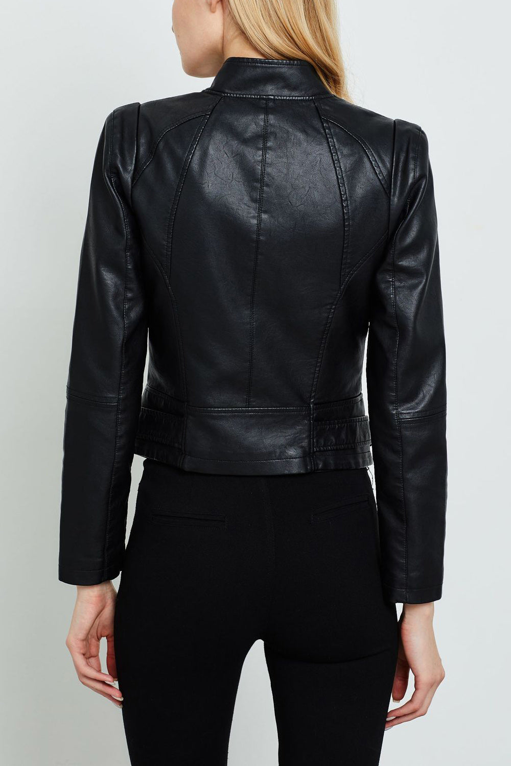 Women Stand Collar Long Sleeve Zipper Style Lovely Leather Jacket