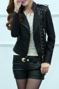 Women Classy Long Sleeve Warm Trendy Zipper Pocket Casual Leather Jacket
