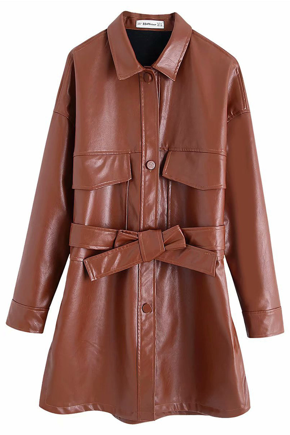 Women Tie Waist Solid Pattern Elegant Collar Neck Long Sleeve Leather Jacket
