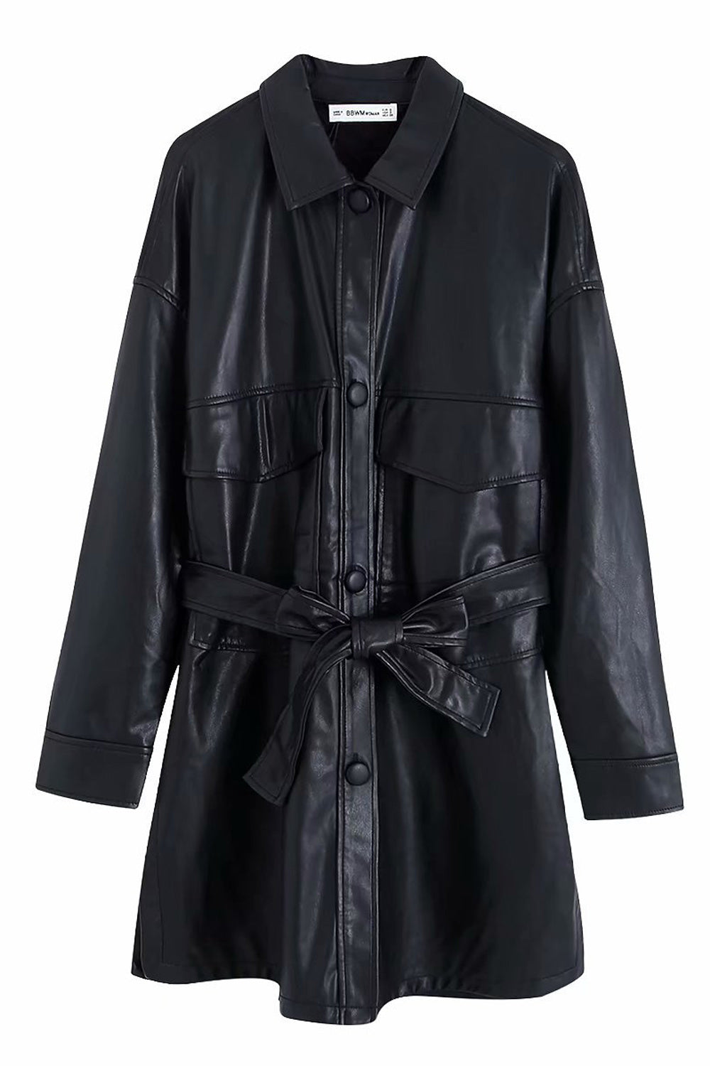 Women Tie Waist Solid Pattern Elegant Collar Neck Long Sleeve Leather Jacket