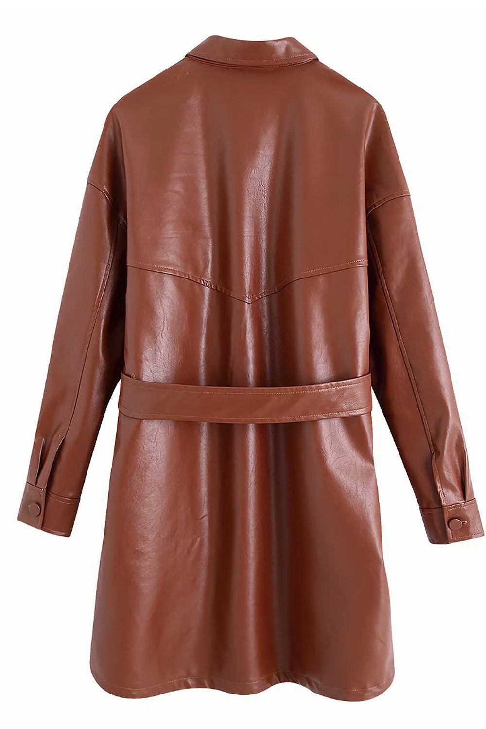Women Tie Waist Solid Pattern Elegant Collar Neck Long Sleeve Leather Jacket