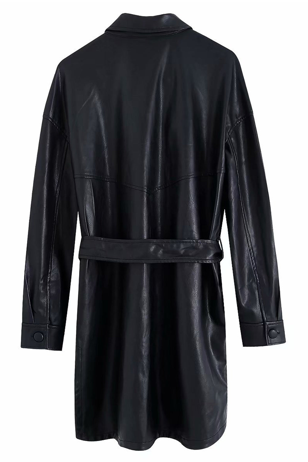 Women Tie Waist Solid Pattern Elegant Collar Neck Long Sleeve Leather Jacket