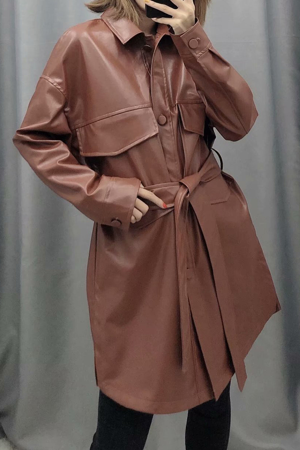 Women Tie Waist Solid Pattern Elegant Collar Neck Long Sleeve Leather Jacket