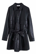 Women Tie Waist Solid Pattern Elegant Collar Neck Long Sleeve Leather Jacket