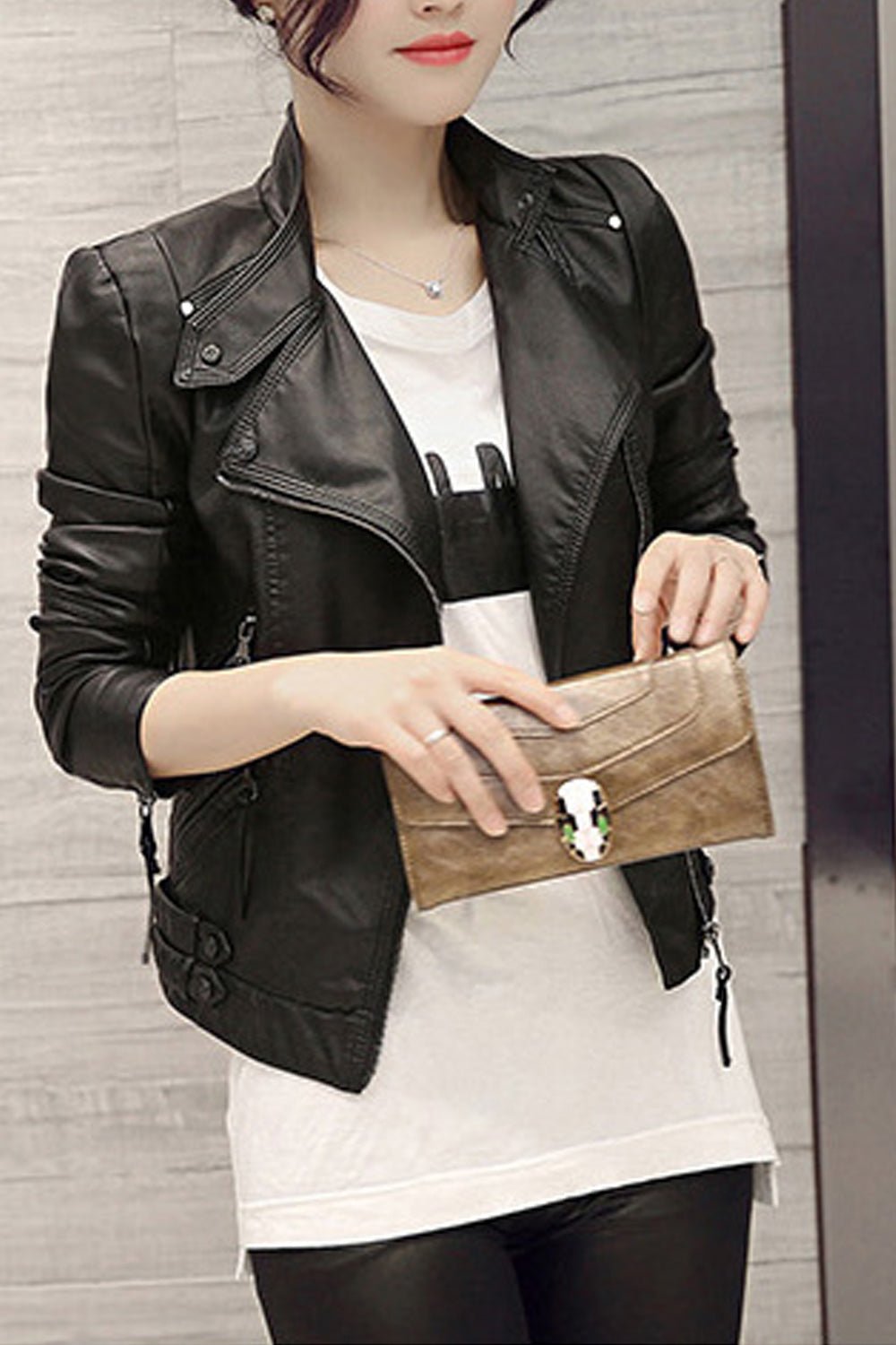 Women Elegant Solid Pattern Style Slim Fit Convenient Leather Jacket