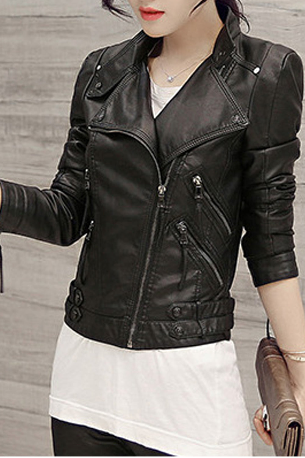 Women Elegant Solid Pattern Style Slim Fit Convenient Leather Jacket