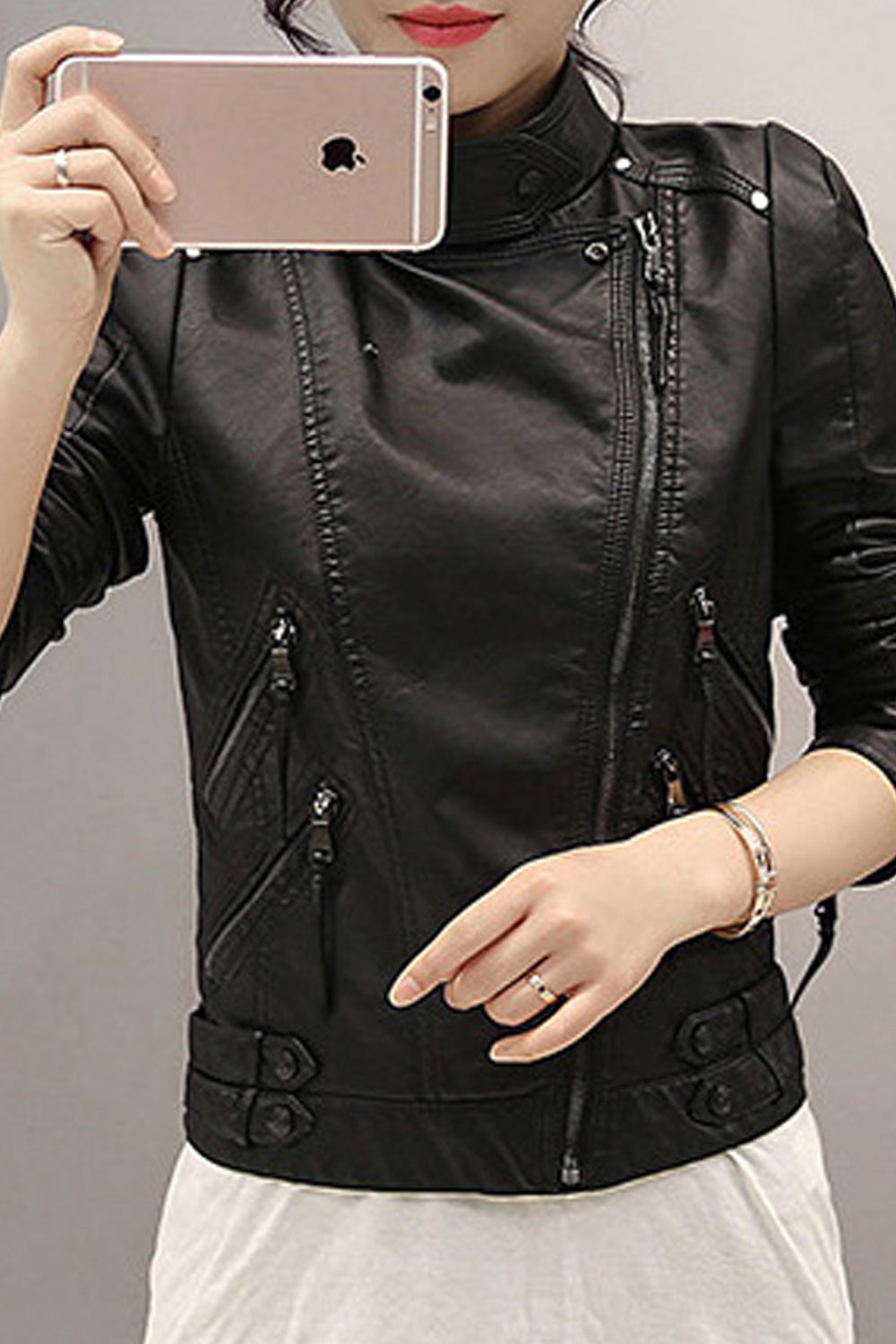 Women Elegant Solid Pattern Style Slim Fit Convenient Leather Jacket
