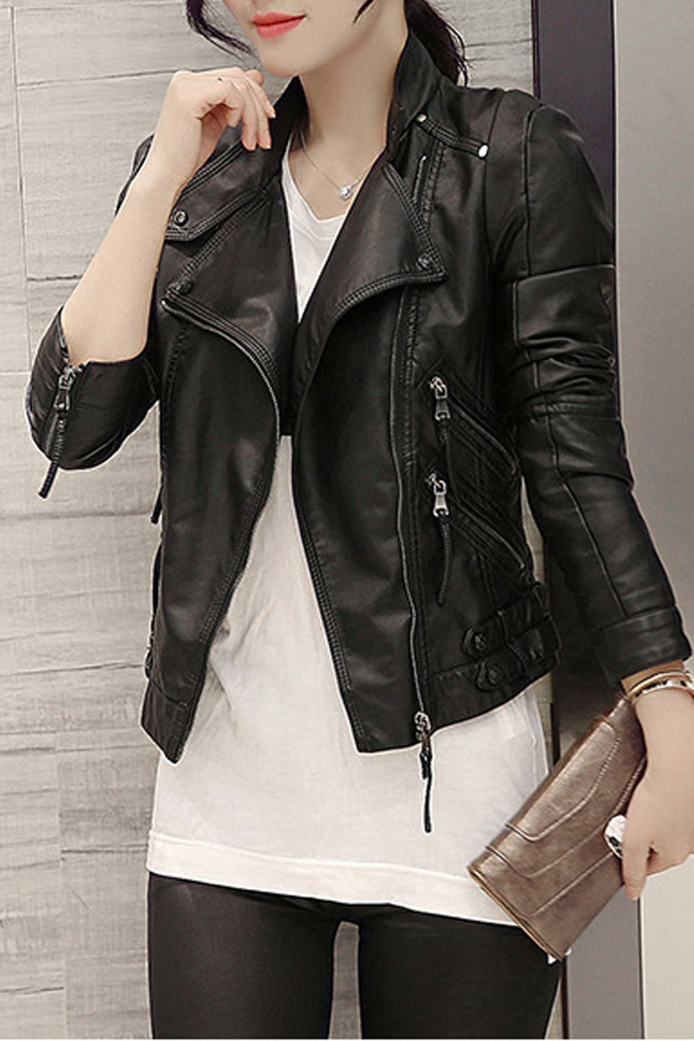 Women Elegant Solid Pattern Style Slim Fit Convenient Leather Jacket