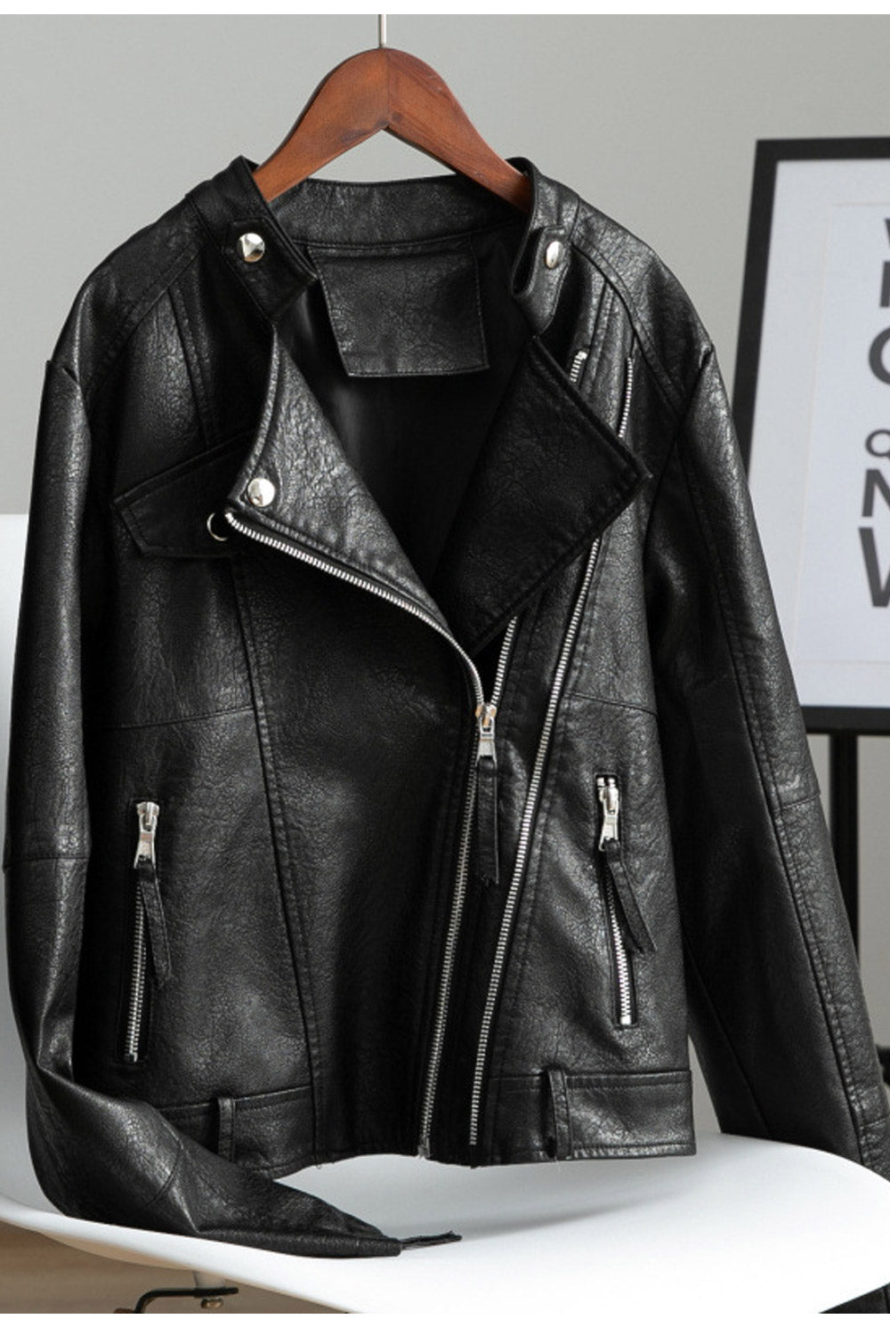 Women Warm Thick Long Sleeve Loose Style Solid Colored Decent Leather Jacket