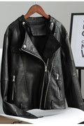 Women Warm Thick Long Sleeve Loose Style Solid Colored Decent Leather Jacket
