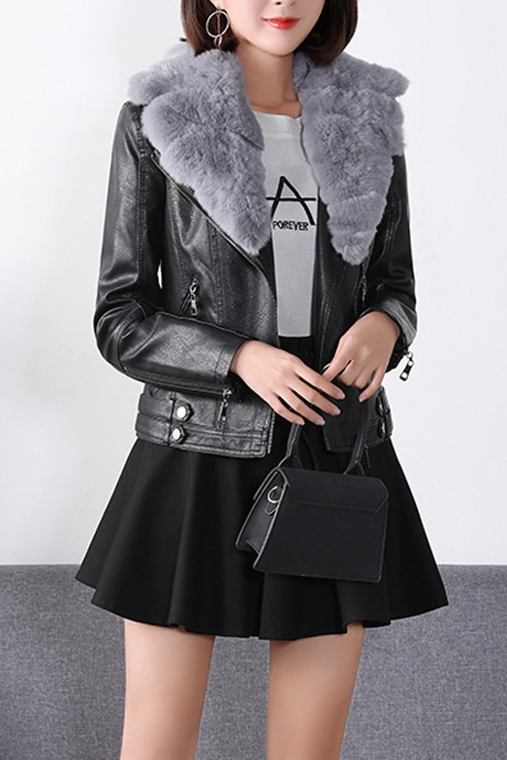 Women Big Collar Long Sleeve Regular Fit Trendy Leather Jacket